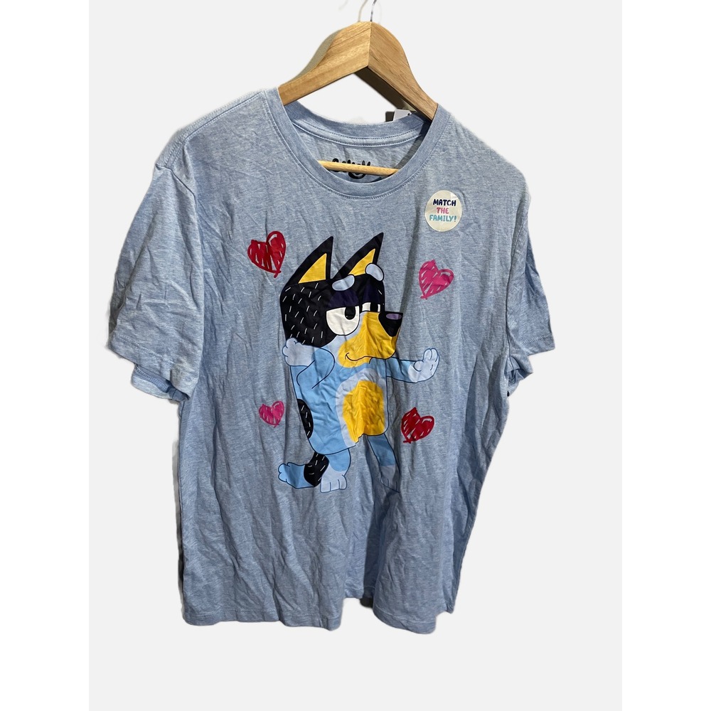 Bluey‎ Womens Graphic T-Shirt Light Blue Heather Hearts Crew Neck 2X XXL